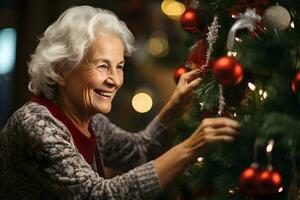 Cheerful elderly woman decorating the christmas tree. Christmas atmosphere at cozy home interior. AI Generative photo
