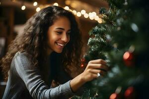 alegre joven mujer decorando el Navidad árbol. Navidad atmósfera a acogedor hogar interior. ai generado foto