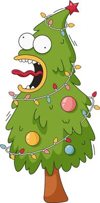 Screaming crazy Christmas tree with garland. Funny retro cartoon character in the style of old school. Christmas Character