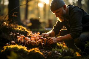 Middle aged man picking mushrooms in the autumn forest. Picking season and leisure people, fall concept. AI Generative photo