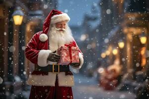 contento Papa Noel claus al aire libre en nevada con Navidad regalo caja en el manos. ai generativo foto