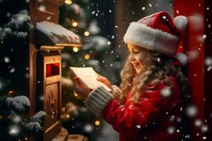 un pequeño niña enviar un letra a Papa Noel claus en el Navidad buzón. invierno tradicion rodeado por copos de nieve. ai generativo foto