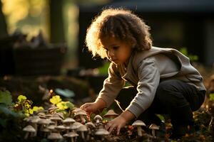 Happy child picking mushrooms in the autumn forest. Picking season and leisure people, fall concept. AI Generative photo