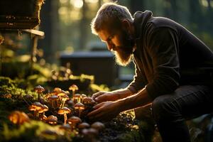 Middle aged man picking mushrooms in the autumn forest. Picking season and leisure people, fall concept. AI Generative photo