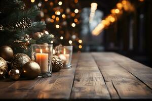 Christmas wooden table mockup with christmas-tree, balls, candles and lights background. Festive template banner with creative bauble decoration and copy space. AI Generative photo