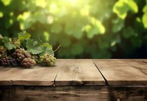 Wooden table with fresh red grapes and free space on nature blurred background, vineyard field. Generated AI. photo