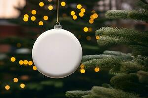 Christmas white glossy round bauble ornament on christmas tree with decoration and blurred bokeh lights background. AI Generative photo