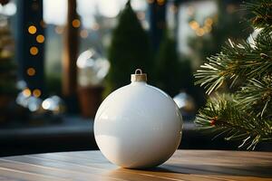 Christmas white glossy round bauble ornament on wooden table with christmas tree decoration and blurred bokeh lights background. AI Generative photo