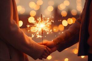 Hands of young couple holding flaming fireworks on festive gold glowing bokeh background. Celebration background with sparklers. AI Generative photo