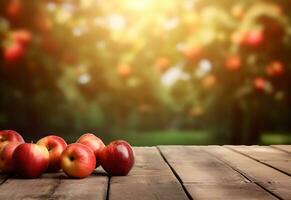 Wooden table with red apples fruits and free space on nature blurred background. Generated AI. photo