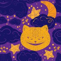 a cat with a moon and stars on a purple background vector