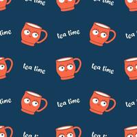 Vector seamless pattern of cute cups with eyes. Trendy pattern with funny smiling mugs with face. Modern drink cups and tea tea text on dark blue background.