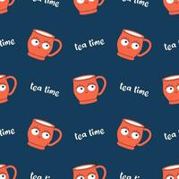 Vector seamless pattern of cute cups with eyes. Trendy pattern with funny smiling mugs with face. Modern drink cups and tea tea text on dark blue background.