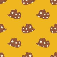 Vector western seamless pattern with cowboy hats. Sheriff hat on yellow background. Wild west and Texas concept.