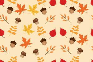 Autumn seamless pattern with leaves, mushrooms and acrons. Vector illustration