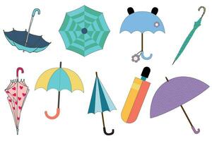 Umbrellas set. Open, closed and folded umbrellas set. Rain protecting accessories with handles of different design, type vector