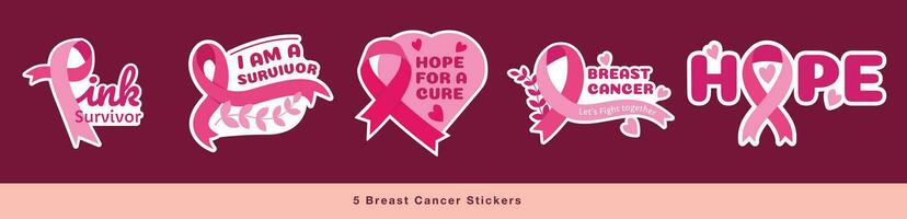 Pack of Pink October Stickers. Flat and Feminine Style Breast Cancer Awereness Month vector