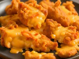 homemade cheese chicken with onion and cheese on a black background, close - up. photo