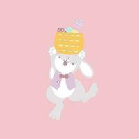 contento Pascua de Resurrección festival con animal mascota conejito Conejo y cesta de huevo, pastel color, plano vector ilustración dibujos animados personaje