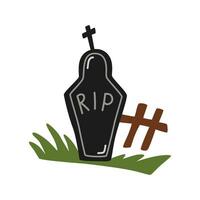 Gravestone with grass on the ground. Vector isolated element with memorial tombstone on the grave and text RIP. Hand drawn illustration for grave, cemetery design. Symbol for Halloween.