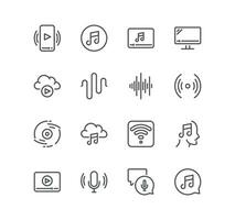 Set of audio and video related icons, cloud music, waveform, file audio, voice, record player, social stream and linear variety vectors. vector