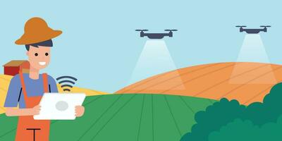 Farming with drone. Farm management from tablet, vector concept