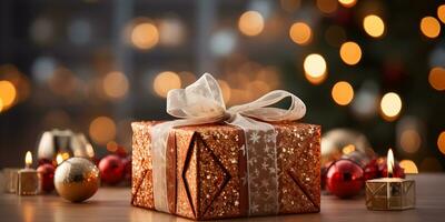 Gold gift box with christmas ornaments decoration on blurred glowing christmas tree lights background. Festive banner styled composition. ai generated photo