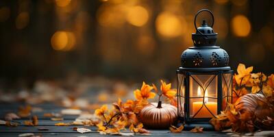 festivo otoño linterna decoración con calabazas, flores y otoño hojas. acción de gracias día o Víspera de Todos los Santos bandera concepto. ai generativo foto