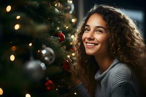 alegre joven mujer decorando el Navidad árbol. Navidad atmósfera a acogedor hogar interior. foto