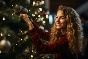 alegre joven mujer decorando el Navidad árbol. Navidad atmósfera a acogedor hogar interior. foto