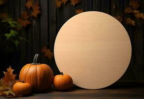 Halloween round sign mockup with pumpkins and fallen leaves on dark background. Wooden board with autumn holiday decoration with copy space. Generated AI. photo