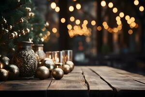 Navidad de madera mesa Bosquejo con árbol de Navidad, pelotas, velas y luces antecedentes. festivo modelo bandera con creativo chuchería decoración y Copiar espacio. foto