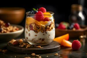 Fresh yogurt granola parfait with sliced nuts, fresh raspberry, blueberry and mango fruits in a glass jar on dark background. Generative AI. photo