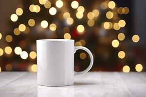 Blank white mug mockup on wooden table with christmas tree lights bokeh background. Holiday template composition. Copy space. photo