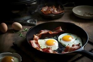 Traditional english breakfast with fried eggs and bacon in cast iron pan on dark wooden background. Top view. AI generated. photo