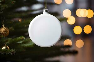 Christmas white glossy round bauble ornament on christmas tree with decoration and blurred bokeh lights background. photo