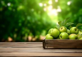 Wooden table with green apples fruits and free space on nature blurred background. Generated AI. photo