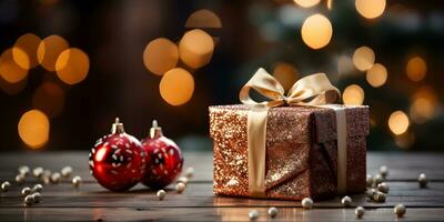 Gold gift box with christmas ornaments decoration on blurred glowing lights background. Festive banner styled composition. photo