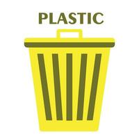 Plastic garbage sorting. Yellow container for plastic waste. Packages, bottles and dishes. Caring for environment, nature and atmosphere, zero waste lifestyle. Cartoon flat vector illustration