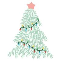 Christmas Tree made of Festive Pine Branches with color garland. Flat lay, top view. New Year red and yellow decoration, Holiday background and festive element. vector