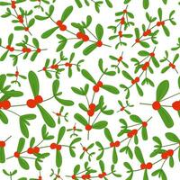 Vector seamless pattern for Christmas with mistletoe with red berries isolated on white. Template for Textile, Fabric, Holiday Wrapping paper. Wedding Floral background for invitation, Postcard.