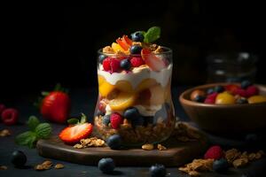 Fresh yogurt granola parfait with sliced nuts, fresh strawberry, raspberry, blueberry and mango fruits in a glass jar on dark background. Generative AI. photo