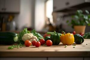 Fresh vegetables ready for cooking, preparation for healthy cooking on a wooden table in the rustic interior of the kitchen. AI generated. photo