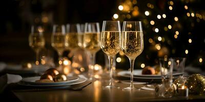 Champagne glasses on festive table with gold glowing bokeh background. Celebration background banner with sparkling wine. photo