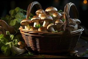 Freshly picked mushrooms in a basket on the autumn, fall forest background. photo