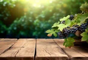 Wooden table with fresh red grapes and free space on nature blurred background, vineyard field. Generated AI. photo