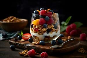 Fresh yogurt granola parfait with sliced nuts, fresh strawberry, raspberry, blueberry and mango fruits in a glass jar on dark background. Generative AI. photo