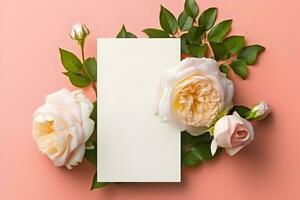 Blank greeting card mockup with garden roses on pastel background. Summer flat lay composition with flowers. Top view with copy space. AI generated. photo