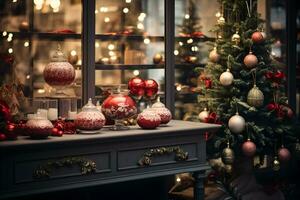Modern store shop counter with festive christmas home decoration. photo