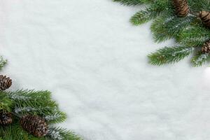 Christmas fir tree branches flat lay with pine cones on snow background. Creative composition with border. Top view. Copy space. photo